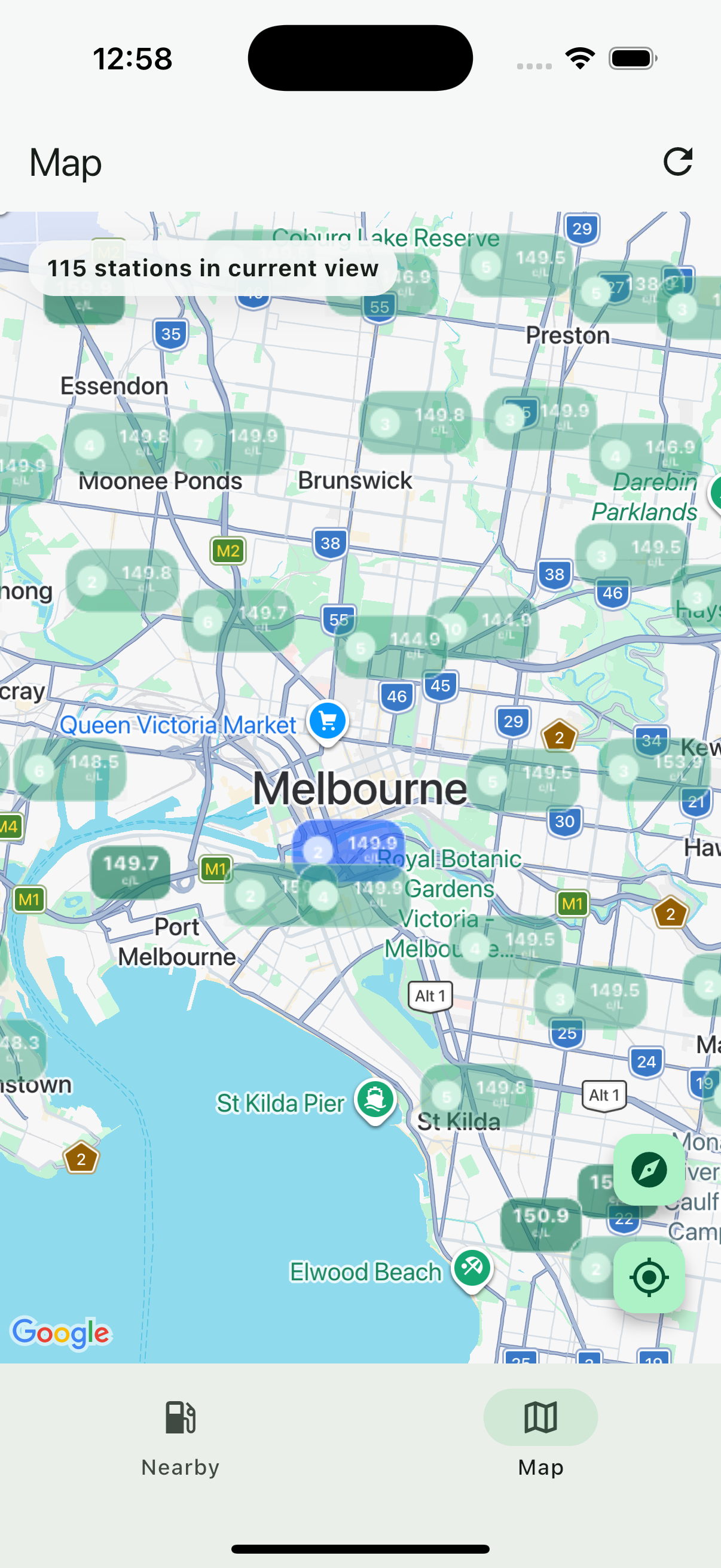 Map of fuel stations with live price pins